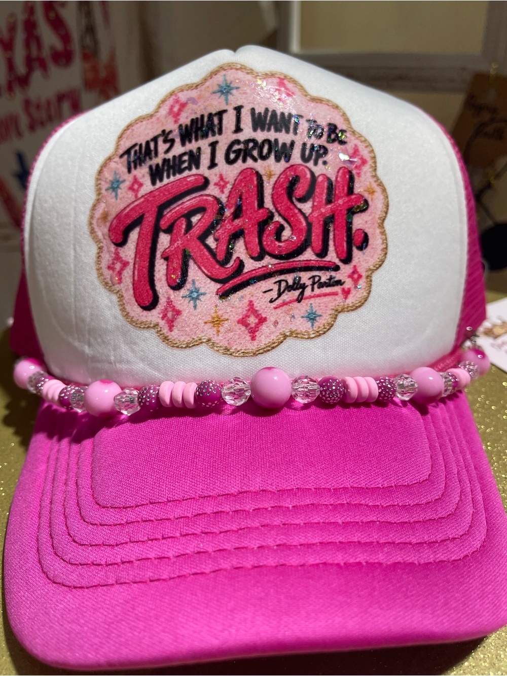 Pink Dolly Parton “Trash” Beaded Trucker Hat